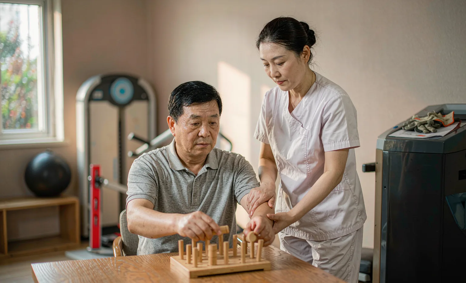 治疗师指导偏瘫患者做上肢功能训练